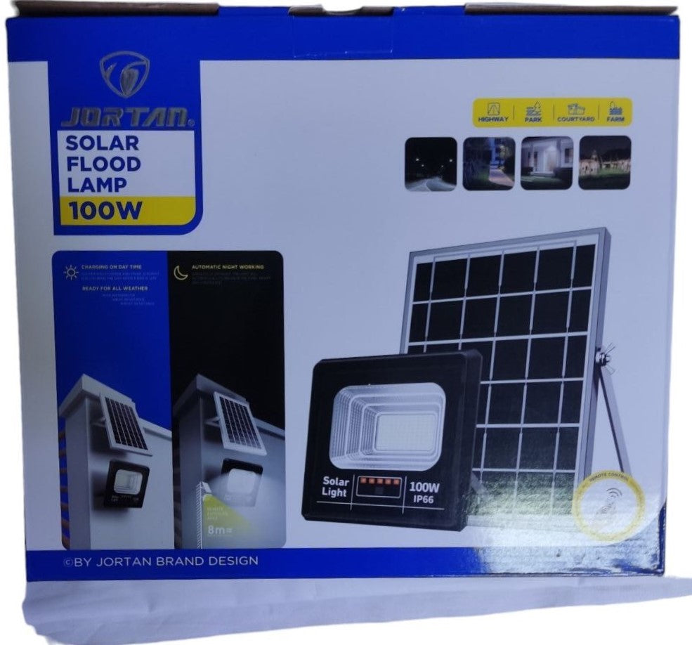 JORTAN IP66 Waterproof Solar Flood Light 100W Power With Remote Control And Cool White Light In Black Color