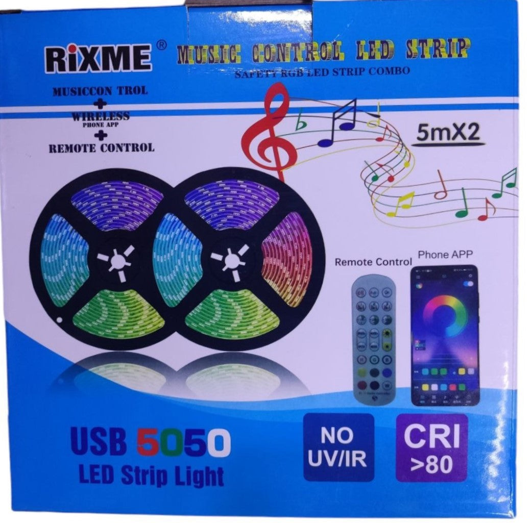 RIXME USB 5050 Led Strip Light Music Control Led Strip Safety Rgb Led Strip Combo Wireless Phone APP+Remote Control 5mx2=10M