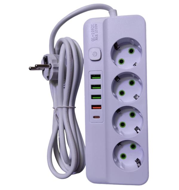 4USB 1USB-C Port 4Sockets Standard Plug Electrical Extension Cord Multitap Wall Power Strip 3Meters Cabel MAX:10A-2500W Power Cord 9-port charger fast charging (White) QL-1092U