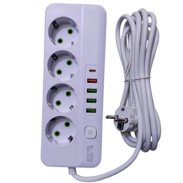 4USB 1USB-C Port 4Sockets Standard Plug Electrical Extension Cord Multitap Wall Power Strip 3Meters Cabel MAX:10A-2500W Power Cord 9-port charger fast charging (White) QL-1092U