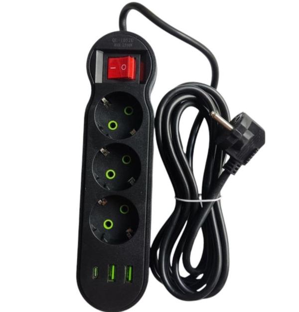 Power Strip 2USB 1USB-C Port 3Sockets 3Meters Cabel Standard Plug Electrical Extension Cord Multitap Wall MAX:10A-2500W Power Cord 6-port charger fast charging (Black) QL-1052U