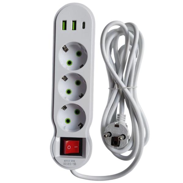 Power Strip 2USB 1USB-C Port 3Sockets 3Meters Cabel Standard Plug Electrical Extension Cord Multitap Wall MAX:10A-2500W Power Cord 6-port charger fast charging (White) QL-1052U