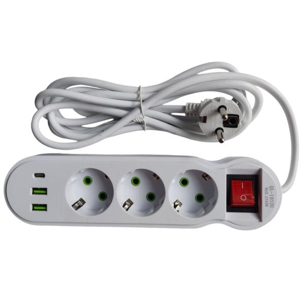 Power Strip 2USB 1USB-C Port 3Sockets 3Meters Cabel Standard Plug Electrical Extension Cord Multitap Wall MAX:10A-2500W Power Cord 6-port charger fast charging (White) QL-1052U