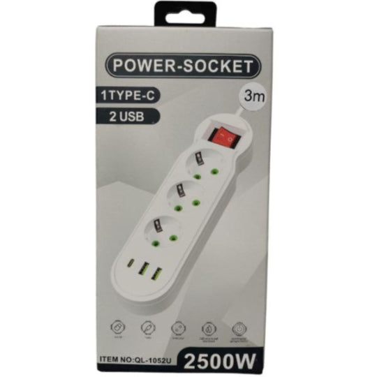 Power Strip 2USB 1USB-C Port 3Sockets 3Meters Cabel Standard Plug Electrical Extension Cord Multitap Wall MAX:10A-2500W Power Cord 6-port charger fast charging (Black) QL-1052U