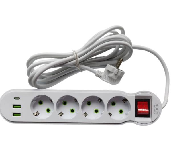 Power Strip 2USB 1USB-C Port 4Sockets 3Meters Cabel Standard Plug Electrical Extension Cord Multitap Wall MAX:10A-2500W Power Cord 7-port charger fast charging (White) QL-1053U