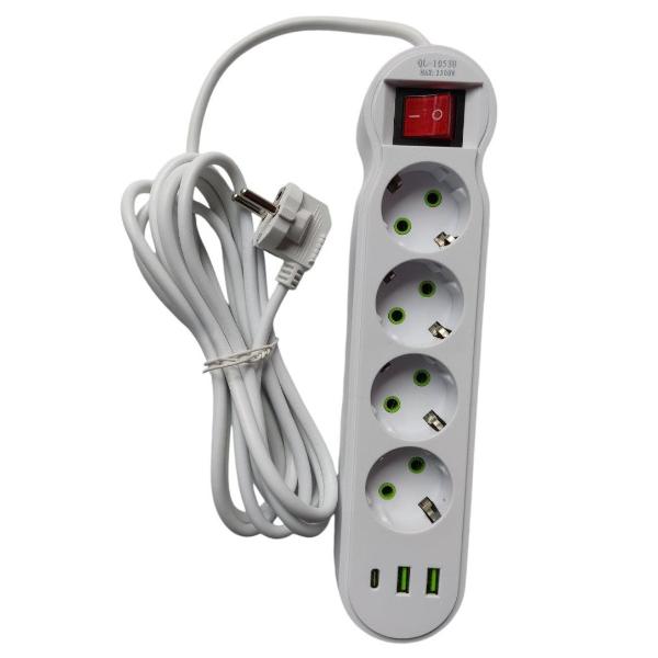 Power Strip 2USB 1USB-C Port 4Sockets 3Meters Cabel Standard Plug Electrical Extension Cord Multitap Wall MAX:10A-2500W Power Cord 7-port charger fast charging (White) QL-1053U