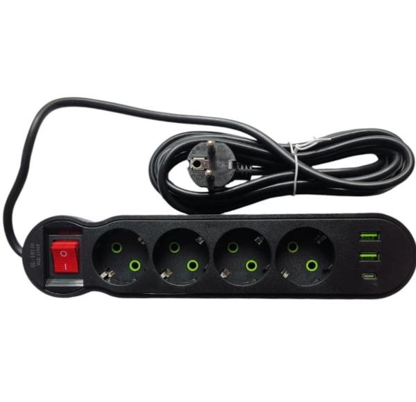 Power Strip 2USB 1USB-C Port 4Sockets 3Meters Cabel Standard Plug Electrical Extension Cord Multitap Wall MAX:10A-2500W Power Cord 7-port charger fast charging (Black) QL-1053U