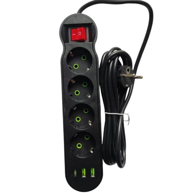 Power Strip 2USB 1USB-C Port 4Sockets 3Meters Cabel Standard Plug Electrical Extension Cord Multitap Wall MAX:10A-2500W Power Cord 7-port charger fast charging (Black) QL-1053U