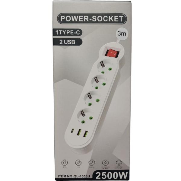 Power Strip 2USB 1USB-C Port 4Sockets 3Meters Cabel Standard Plug Electrical Extension Cord Multitap Wall MAX:10A-2500W Power Cord 7-port charger fast charging (White) QL-1053U