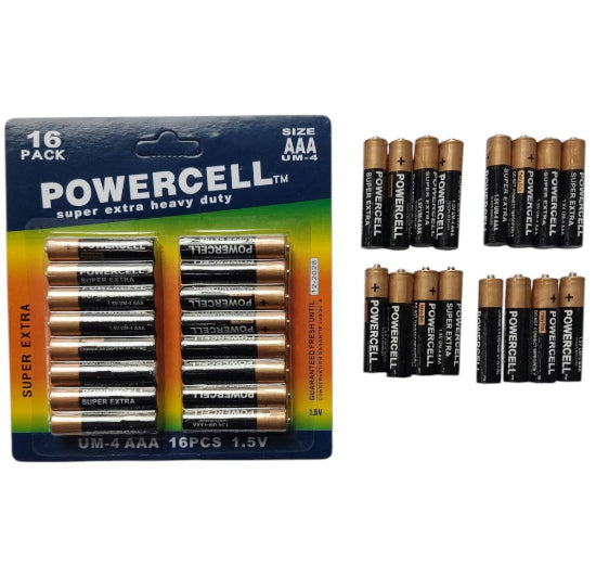 Powercell Super Extra Heavy Duty Zinc AAA Batteries 1.5V 16 pack