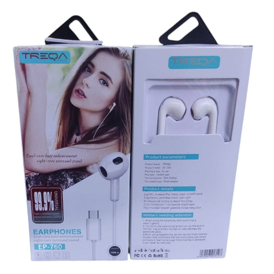 Ακουστικά Κινητού Handsfree Earbuds με Βύσμα Type-C Treqa EP-760 Λευκό