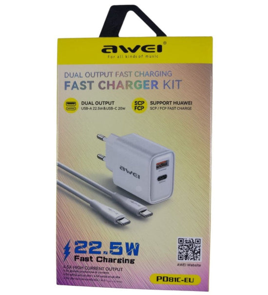 Awei Dual Output Fast Charging Power Adapter 22.5W With Usb-C To Usb-C Cabel PD81C-Eu