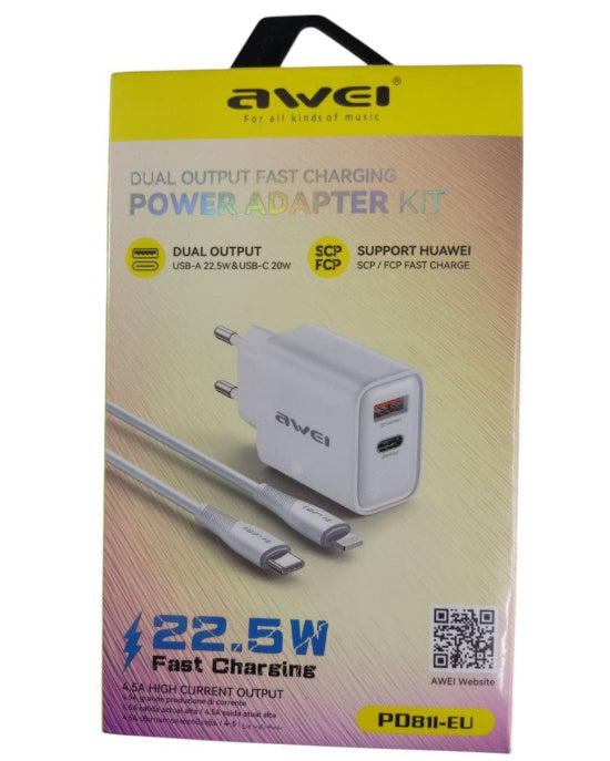 Awei Dual Output Fast Charging Power Adapter 22.5W With Usb-C To Lightning Cabel PD811-Eu