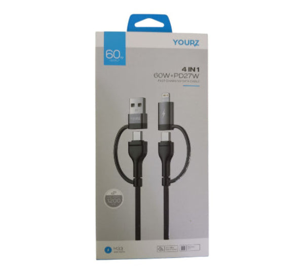 YOURZ 4 IN 1 60W Fast Charging Data Cable USB A Type C To USB C Lightning Display PD Cable 1.2M M33