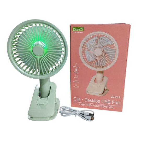 Diandi Clip Desktop USB Fan Lighting Function Rechargeable Mini Fan DD 8025