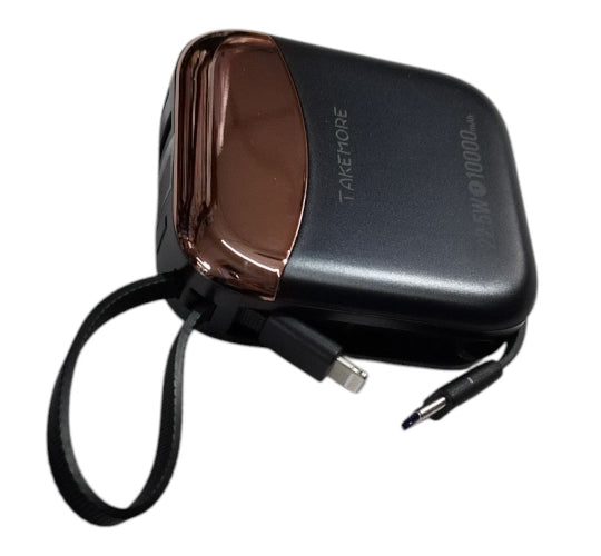 Takemore Mini Power Bank Dual Output USB-A USB-C With USB-C Lighting Cabel 22.5W 10000 mAh, R56J (Black)