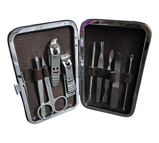9-piece professional manicure and pedicure kit made of stainless steel with a nail case