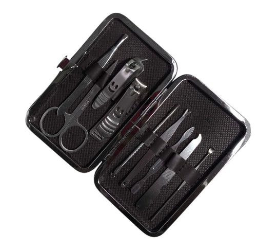9-piece professional manicure and pedicure kit made of stainless steel with a nail case