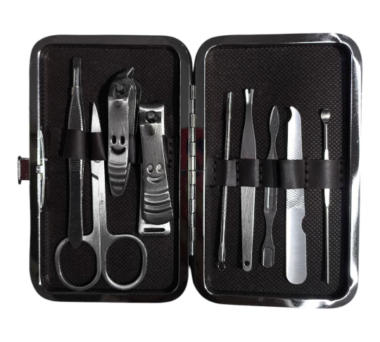 9-piece professional manicure and pedicure kit made of stainless steel with a nail case