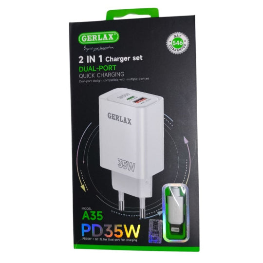 Gerlax 2 IN 1 Charger Dual-Port Type-C To Lightning Cable 35W A35 White