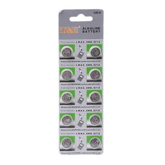 T&E AG12 SR43SW LR43 386 Alkaline Button Battery 1.5V 10Pcs