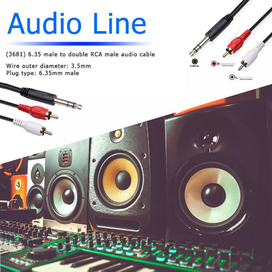 1.5m Stereo Male to 2 RCA Male Dual RCA to 6.35mm TRS Audio Adapter Cable