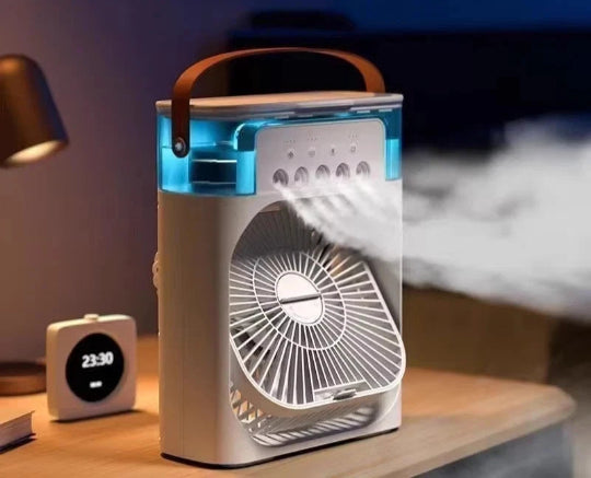 Fan Mini Air Cooler Usb Electric Fan Humidifier with 7 Light Colors,3 Speeds 10W (White)