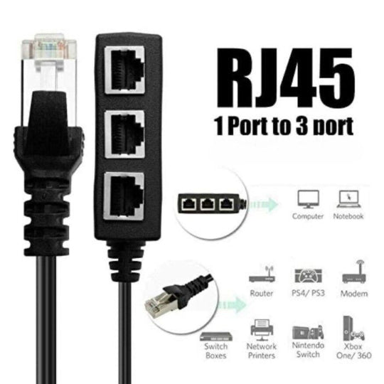 Ethernet Splitter Cable 24cm - RJ45 Male 1 to 3 Female Adapter, Passive LAN Network Extender