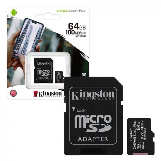 Kingston 64GB Canvas Select Plus 100MB/s UHS-I U1 class 10 V10 A1 microSD memory card