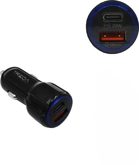 Treqa Car Charger 20W 3A Fast Charging with Ports: 1xUSB 1xType-C Cs-233