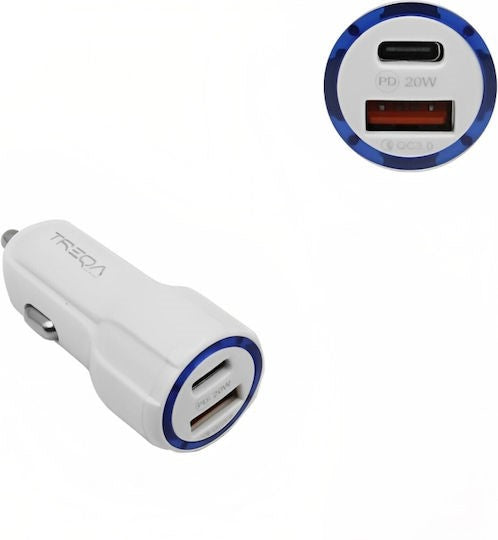 Treqa Car Charger 20W 3A Fast Charging with Ports: 1xUSB 1xType-C Cs-233